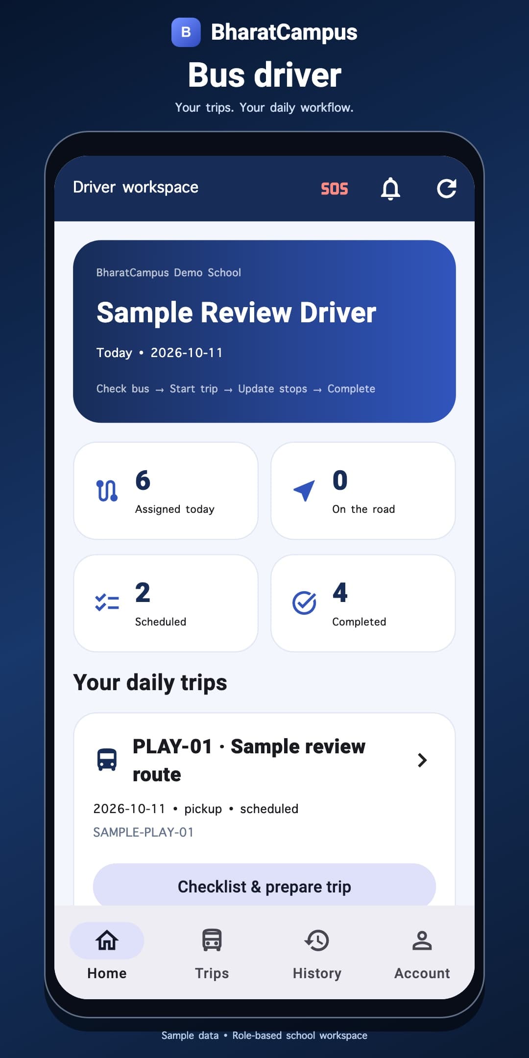 Bus driver app dashboard using sample trip data